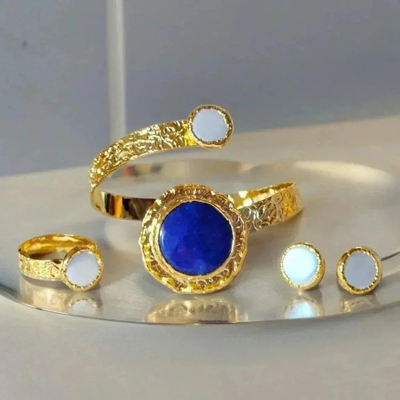 🆕️Handcrafted Turkish 18K Gold Plated Brass Sapphire Jewelry Set - Adjustable - Picture 7 of 10